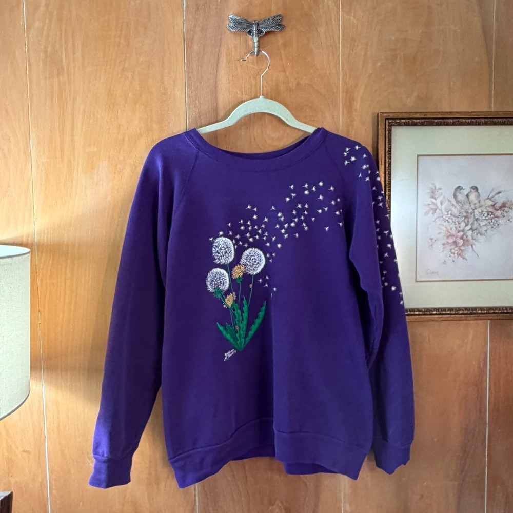 Vintage Purple Dandelion Graphic Raglan Sweatshirt Cottagecore Nature Pullover L